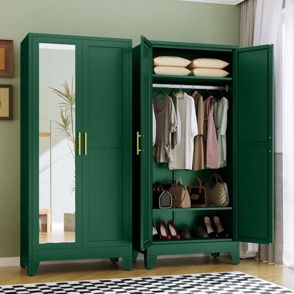Metal Armoire Wardrobe Closet, 71" Tall Bedroom Closet with Mirror, Adjustable Shelves, and Hanging Rod, for Bedroom