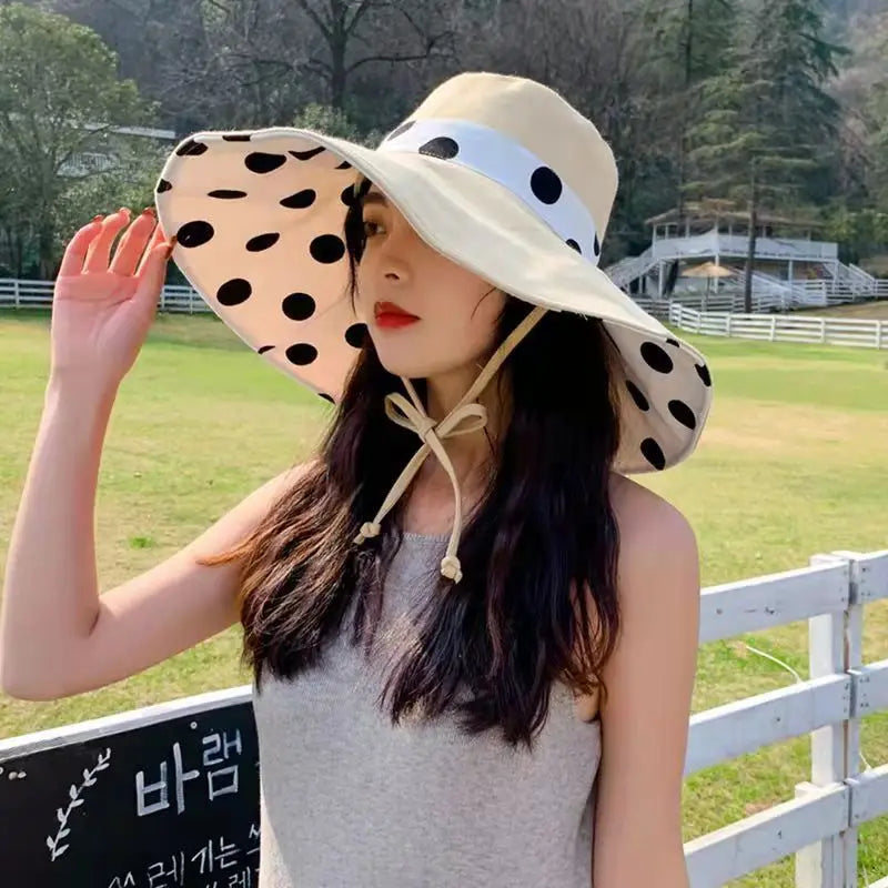 1pc Polka Dot Ribbonbucket Hat for Women, Large Wide Brim Summer Sun Hat,  Breathable Sunscreen Visor Cap for Beach, Sun,  Travel
