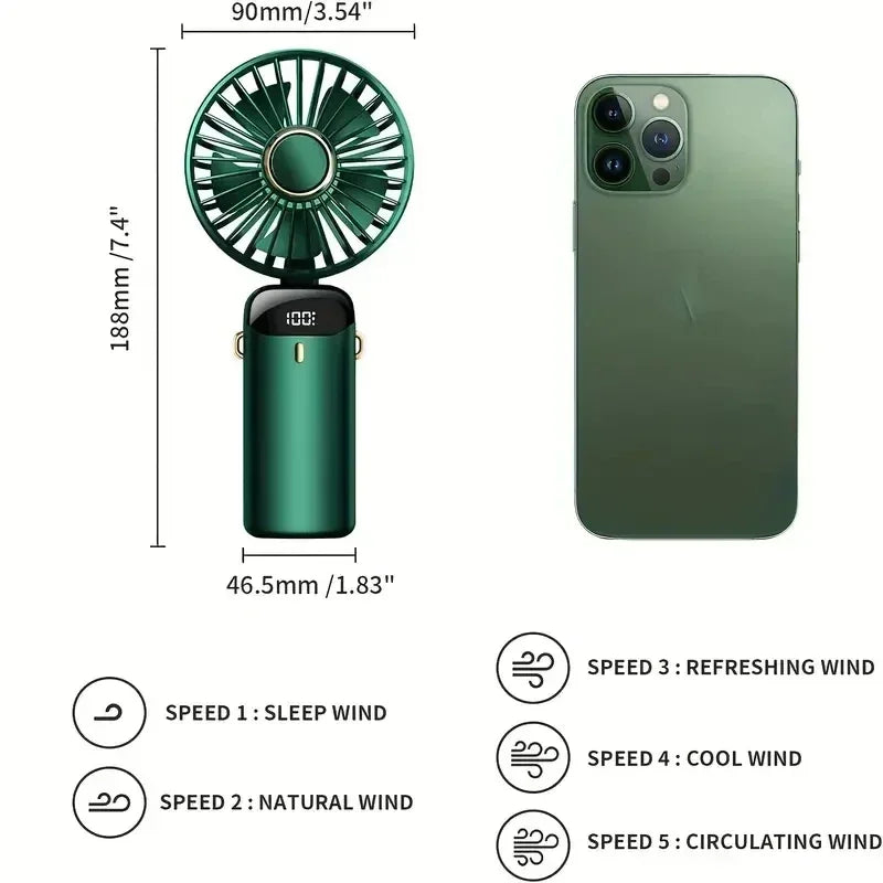 Portable Handheld Personal Rechargeable Fan with  LED Digital Display.  90°Adjustable, 5 Speed Wind Mini Aromatherapy