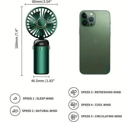 Portable Handheld Personal Rechargeable Fan with  LED Digital Display.  90°Adjustable, 5 Speed Wind Mini Aromatherapy