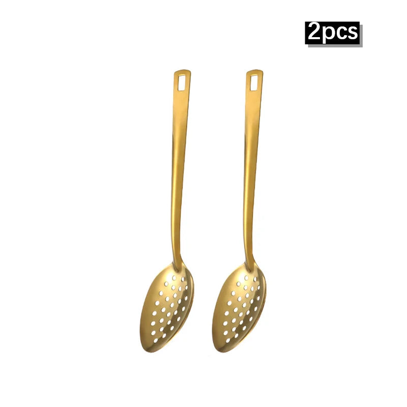 2/6pcs Stainless steel kitchenware set,  creative  golden soup spoon, colander,  hot pot spoon, cooking  and frying assists.