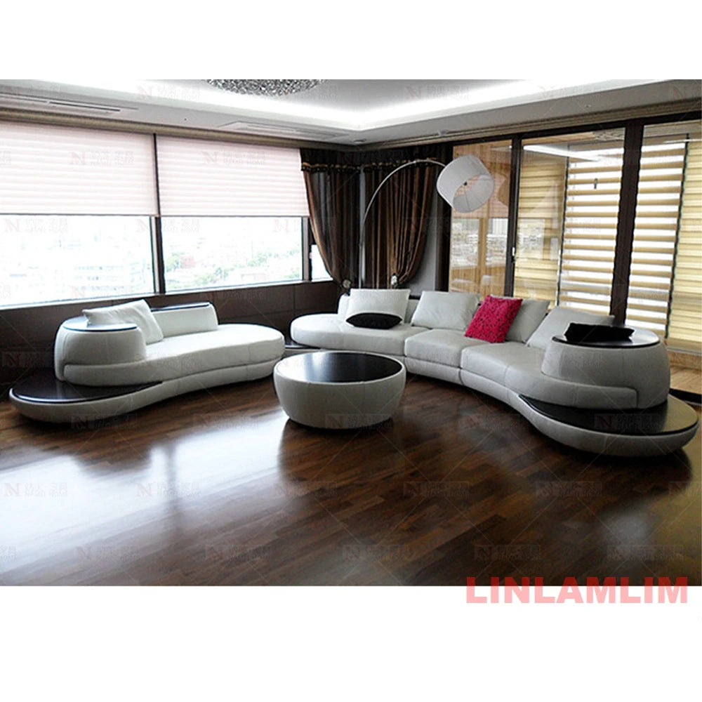 Luxury Modern Curved Genuine Leather Sofa Sectional Couch.   White and Black Design Living Room,  Contemporary Home Decoration