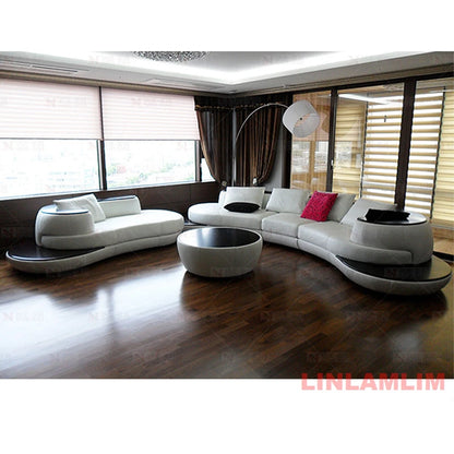 Luxury Modern Curved Genuine Leather Sofa Sectional Couch.   White and Black Design Living Room,  Contemporary Home Decoration