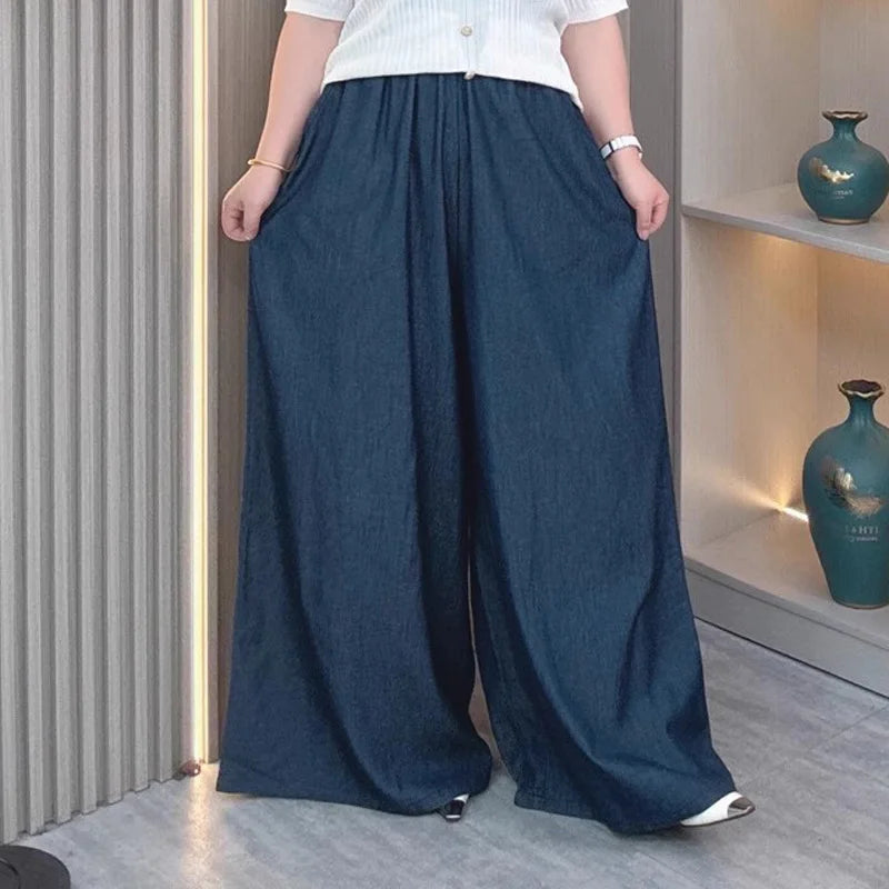 Women's Plus Size Lightweight Lyocell Jeans/Culottes High Waisted, Wide Leg Pants With Draped Ice Silk Fabric For Spring Summer