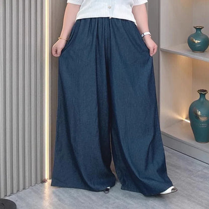 Women's Plus Size Lightweight Lyocell Jeans/Culottes High Waisted, Wide Leg Pants With Draped Ice Silk Fabric For Spring Summer