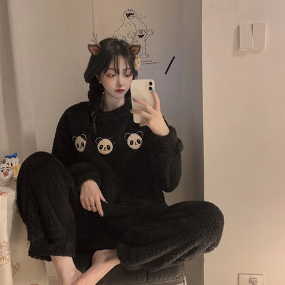Fleece, Thick Warm Women's Pajamas Set FOR Winter Sleepwear. Casual Solid Top and Plaid Pants Soft  Pajmpas Set for Women