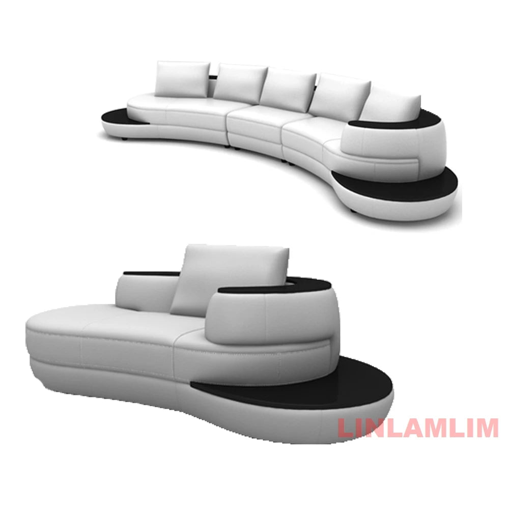 Luxury Modern Curved Genuine Leather Sofa Sectional Couch.   White and Black Design Living Room,  Contemporary Home Decoration