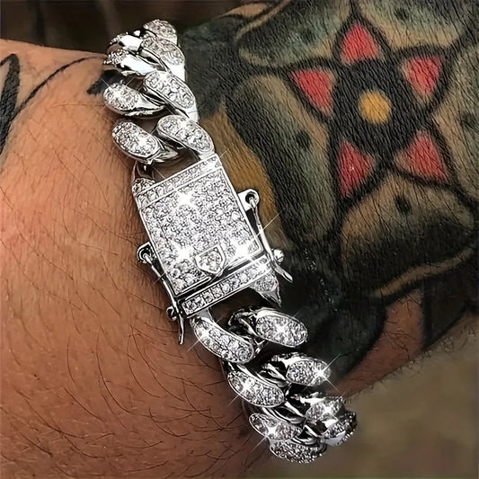 Luxury  Cuban Link Chain Bracelet for Men,  Paved Crystal Jewelry,  Stainless Steel Bling Bling Wristband Gift. I am unsure of the color labeling so order by LOOKS.  Both are available.
