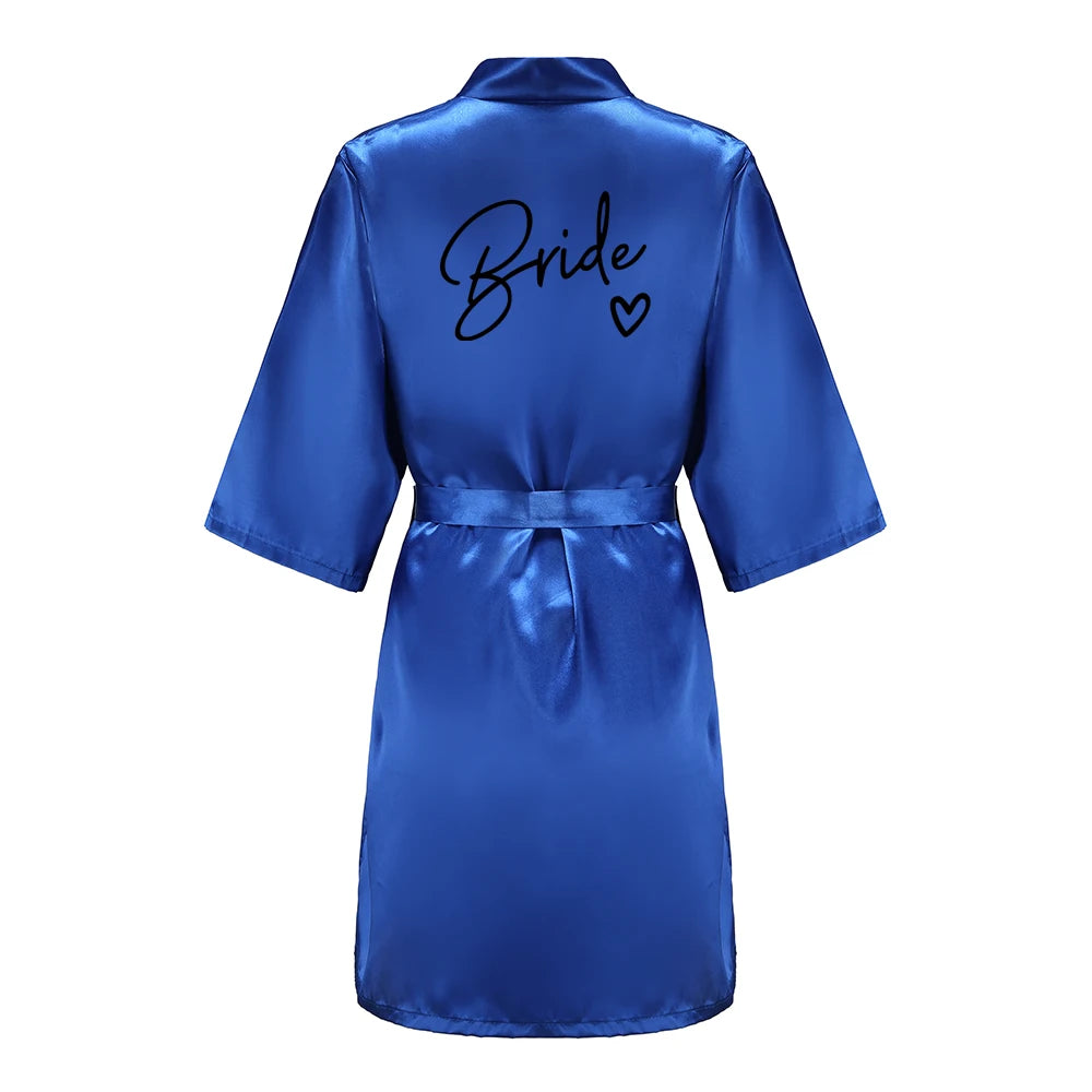 Wedding Party Team Bride Robe With Black Letters, Kimono Style Satin Bridesmaid Bathrobes