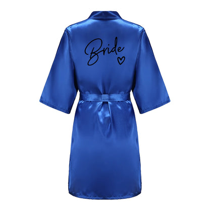 Wedding Party Team Bride Robe With Black Letters, Kimono Style Satin Bridesmaid Bathrobes