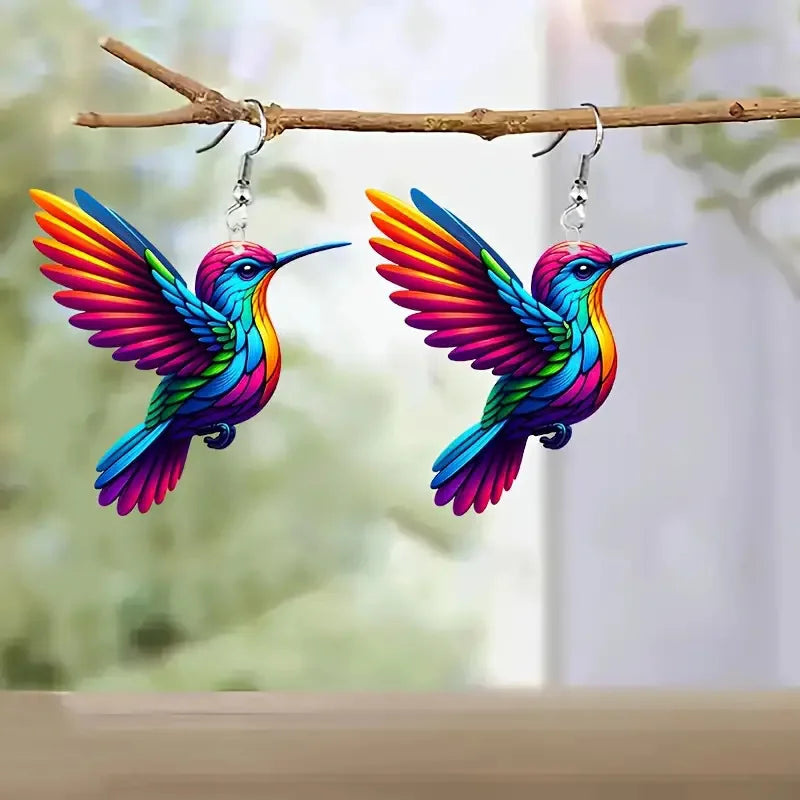 Acrylic Hummingbird Earrings For Women.  Retro Style Colorful Bird Drop Earrings.