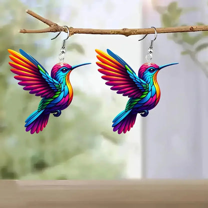 Acrylic Hummingbird Earrings For Women.  Retro Style Colorful Bird Drop Earrings.