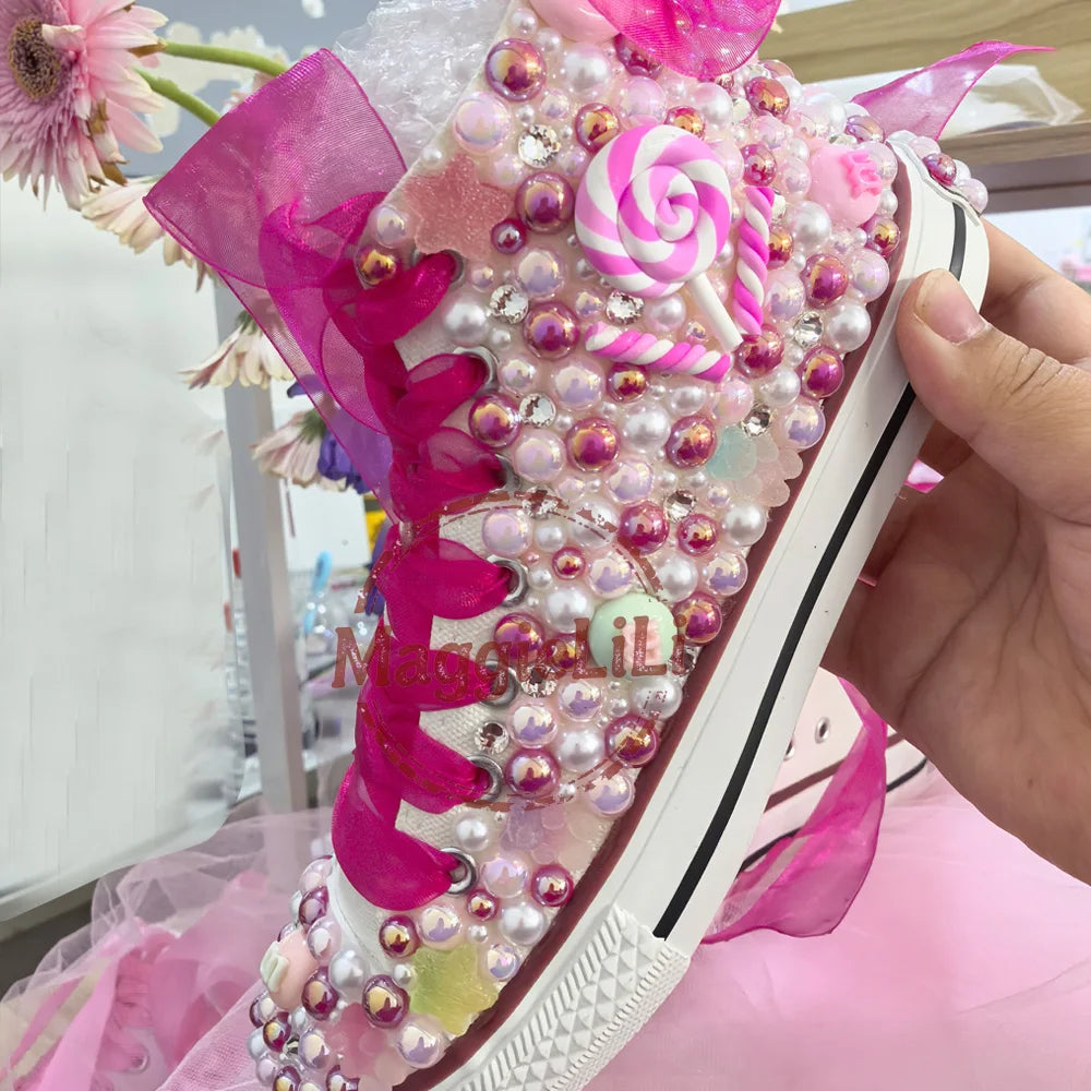 Handmade Rhinestones and Bling.  Girls/ Womens /Kids And Mother.   Candy Canvas Shoes.  Pearl Sneakers For Girls Birthday /Christmas Gift