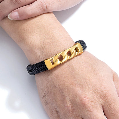 Stainless Steel Men's /Women Bracelet.   Woven Leather  with  Magnetic Buckle.  Business Jewelry/ Accessory /Gifts