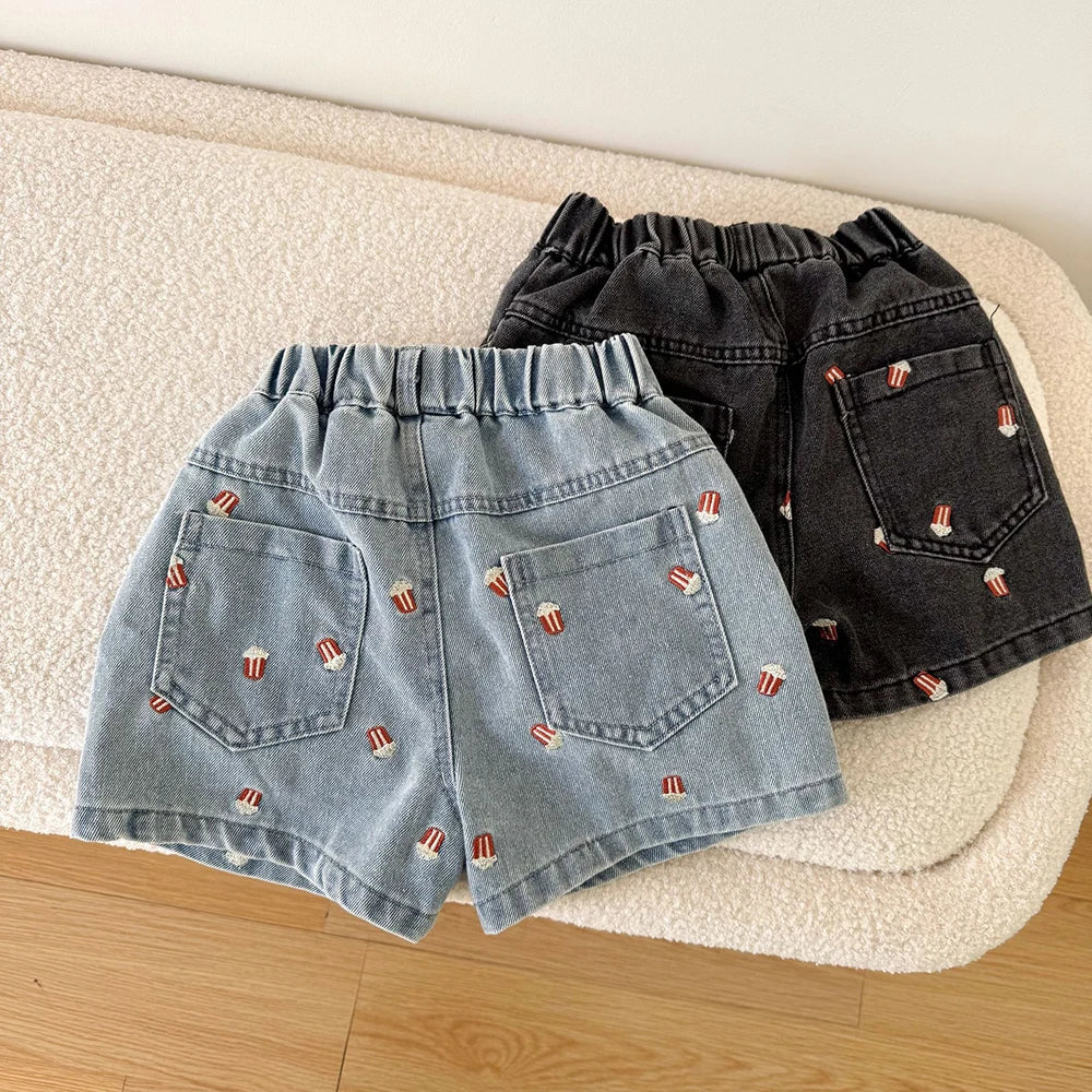 Kids Denim Shorts for 80-150cm Boys  or  Girls. Popcorn Embroidery  with Elastic Waist, Casual Knee Length Teen Children Pants