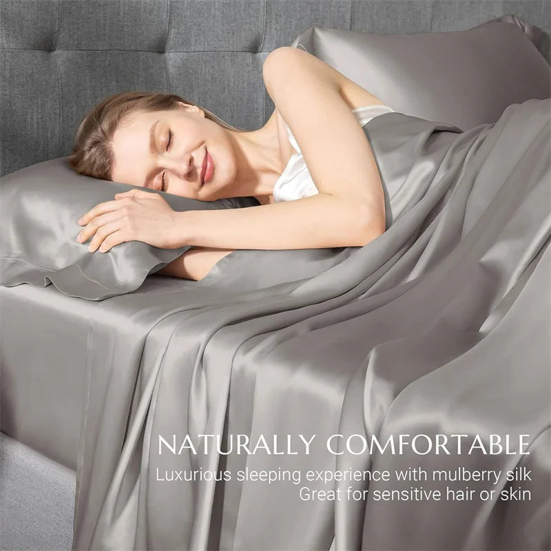 100% Mulberry Silk 4/6pcs Bed Sheet Set, Luxury Silk Fitted Sheet Flat Sheet Pillowcase, Washable Soft