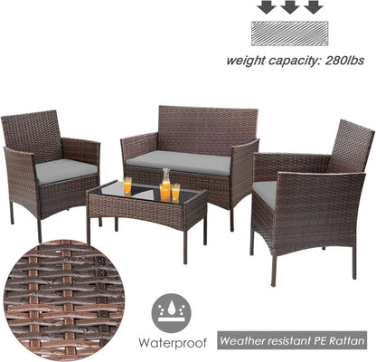 4 Pieces / Outdoor Patio Furniture Set with  Rattan Chairs,  Wicker Set, Outdoor / Indoor Use for  Backyard Porch,  Garden,  Poolside,  Balcony Furniture