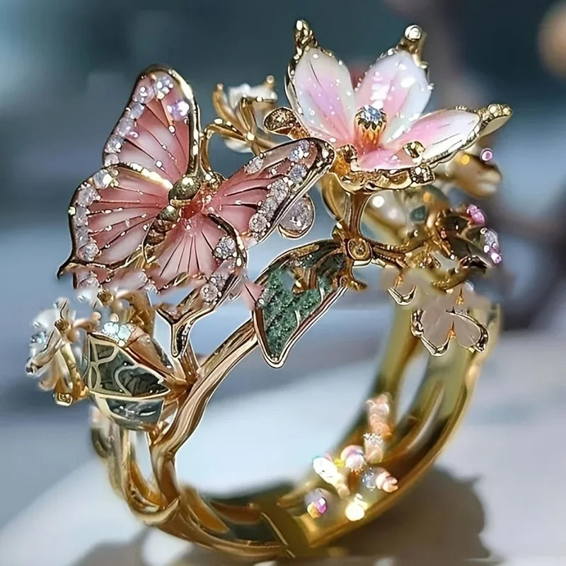 Aesthetic Flower Butterfly Rings for Women.  Romantic Rhinestone,  Stylish Non-fading Opening Ring