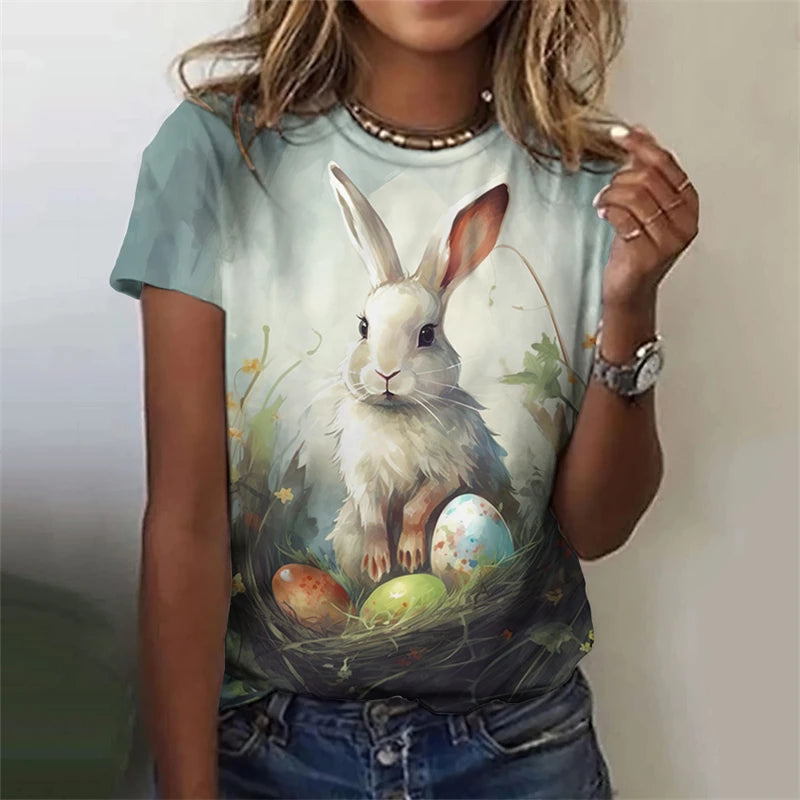 Cute Fun Rabbit Printed T Shirt, Unisex,  Short Sleeve O Neck, Fashion  for Easterwear.  T Shirts  for Summer Casual Outdoor, Soft Tops