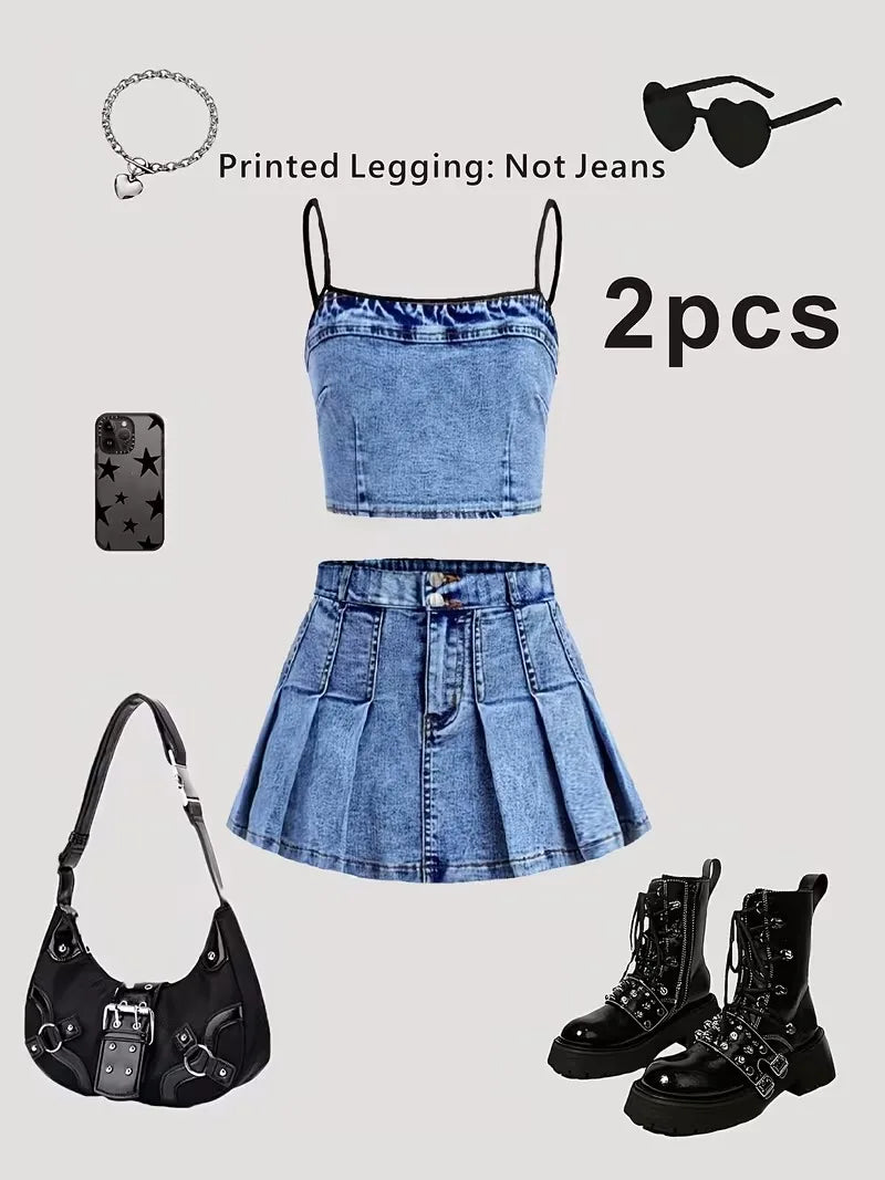 Girls 2-Piece "Faux"  Denim Outfit – Denim Print Cami Crop Top & Pleated Mini Skirt Set (Non-Denim Fabric)