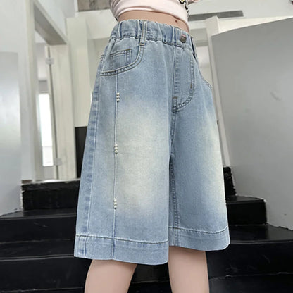 Girls Denim Shorts, Loose Pants,  Casual,  Thin Jeans  for  Teenage, Wide Leg, Knee-Length Trousers