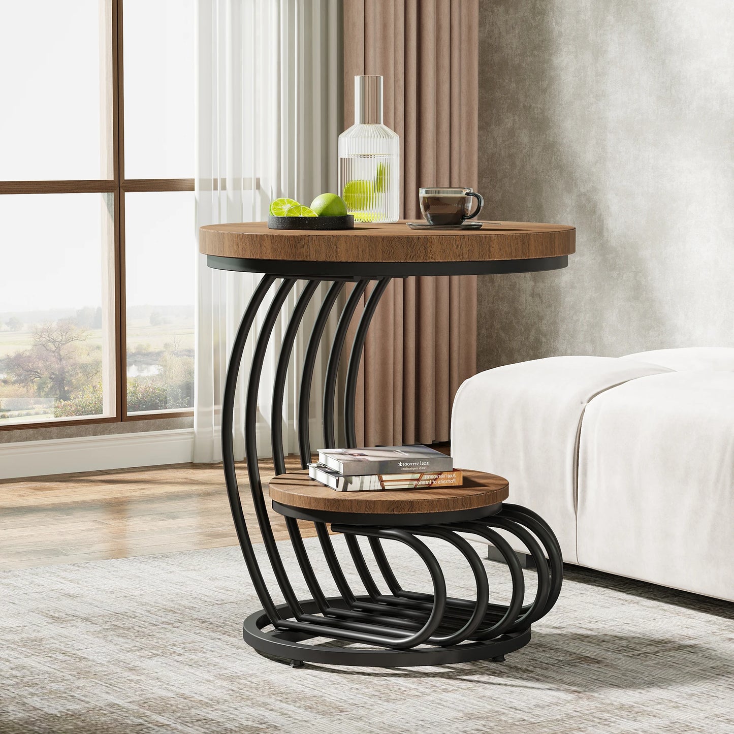 Gold Round End Table: 2 Tiers Faux Marble Side Table with Storage Shelf, Modern White Gold Bedside Nightstand, Living Room