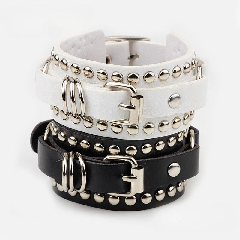 Punk Black White Rock Spikes Rivet Chains Bracelets for Women/ Men Gothic Punk Wide Cuff Leather,  Couples Bangle Jewelry. White is lowest on availability, BUT theres a Black/White 2fer that a great deal, even 2 people to sha