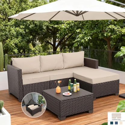 Outdoor Sectional Sofa Set, 3-Pieces with Storage Table, Ottoman, All-Weather Cushions & Waterproof Covers