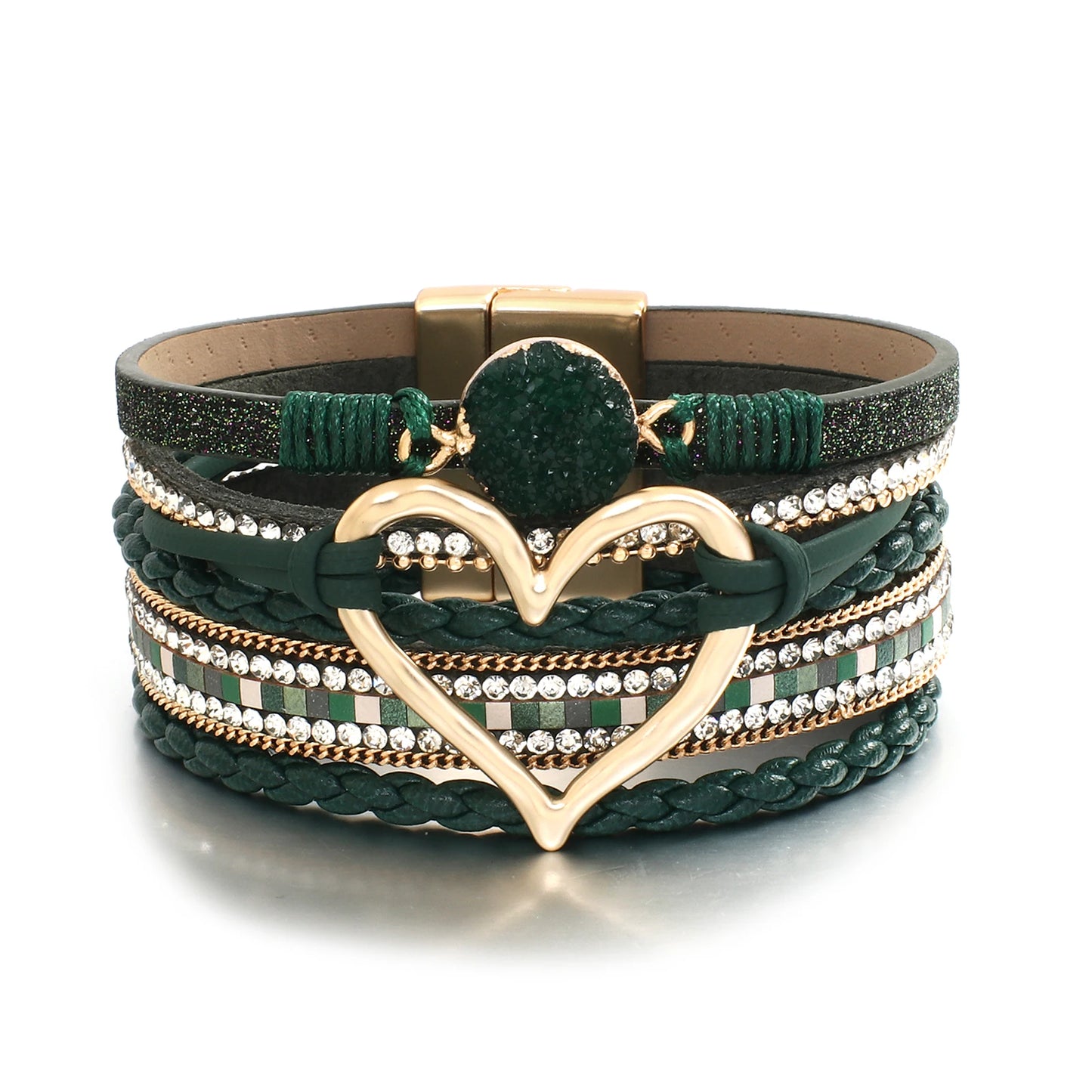 Metal Love Heart Charm,  Leather Bracelets for Women, Fashion Rhinestone Braided Wrap Bracelet , Bangle Female Jewelry Gifts
