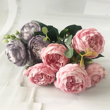 30cm Rose, Pink Silk Peony Artificial Flowers Bouquet  . 5 Big Head and 4 Bud  for Home Wedding Decoration indoor