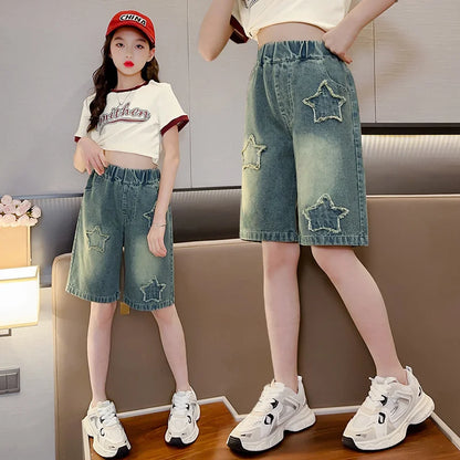 Girls Shorts for Summer,  Kids Casual Loose Jeans,  Childrens  Denim Knee Length Pants,  Teenager Fashion High Waist Shorts