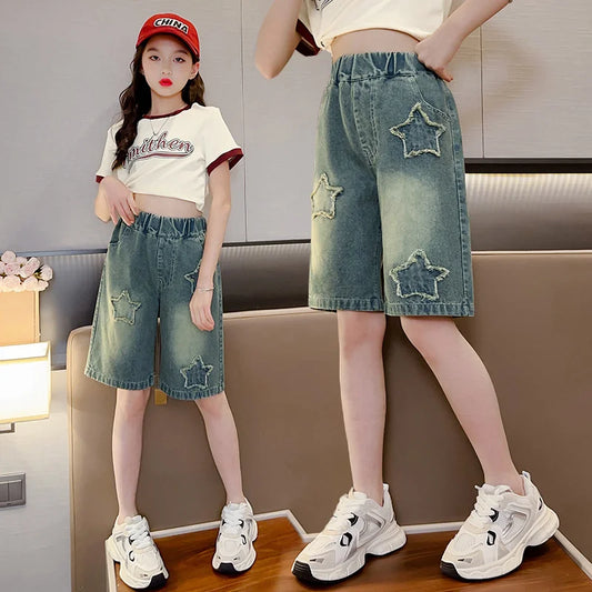 Girls Shorts for Summer,  Kids Casual Loose Jeans,  Childrens  Denim Knee Length Pants,  Teenager Fashion High Waist Shorts