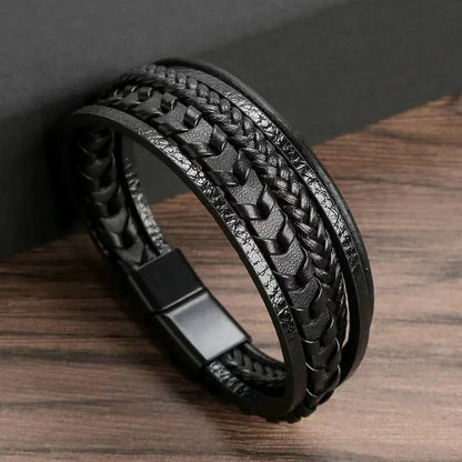 1pc Fashion Accessories MEN'S Multi-layered Vintage Leather Rope Braided Bracelet.  Women who don't have tiny wrists might find a fit.   Alloy Magnetic Buckle Bracelet.  BROWN then Black available if you hurry.  Blue is almos