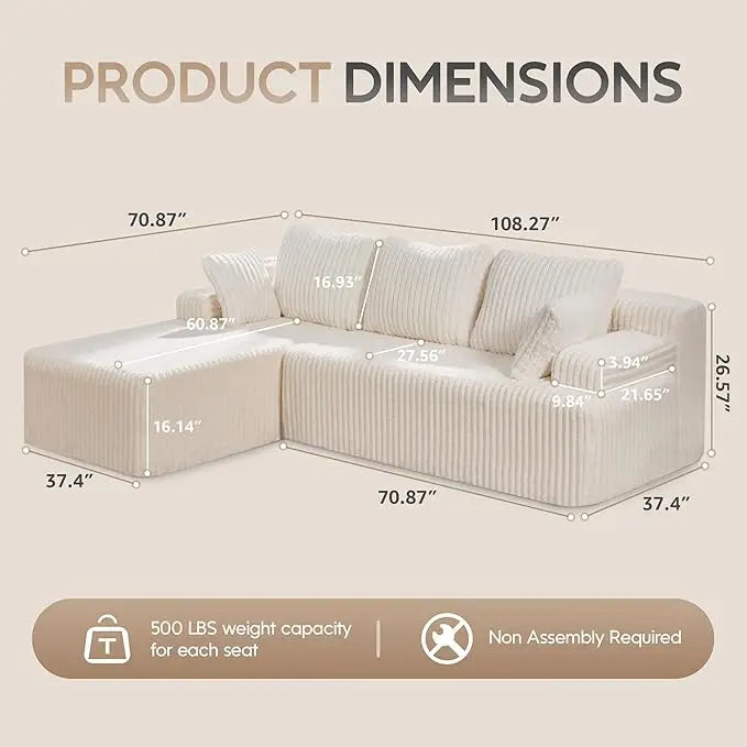 Modular L-Shaped 3-Seat Sectional | Memory Foam with Deep Seating with Storage Module| Living Room Sofa