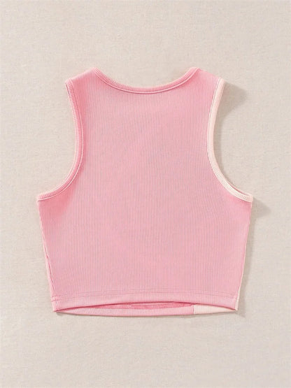 Women's Ribbed Knit Tan Tank Top O-neck Sleeveless Cute Baby Tee, Summer Patchwork Color Block Crop Top T Shirt.  Tan color ONLY available S, M, L.  Pink is OUT-OF-STOCK.