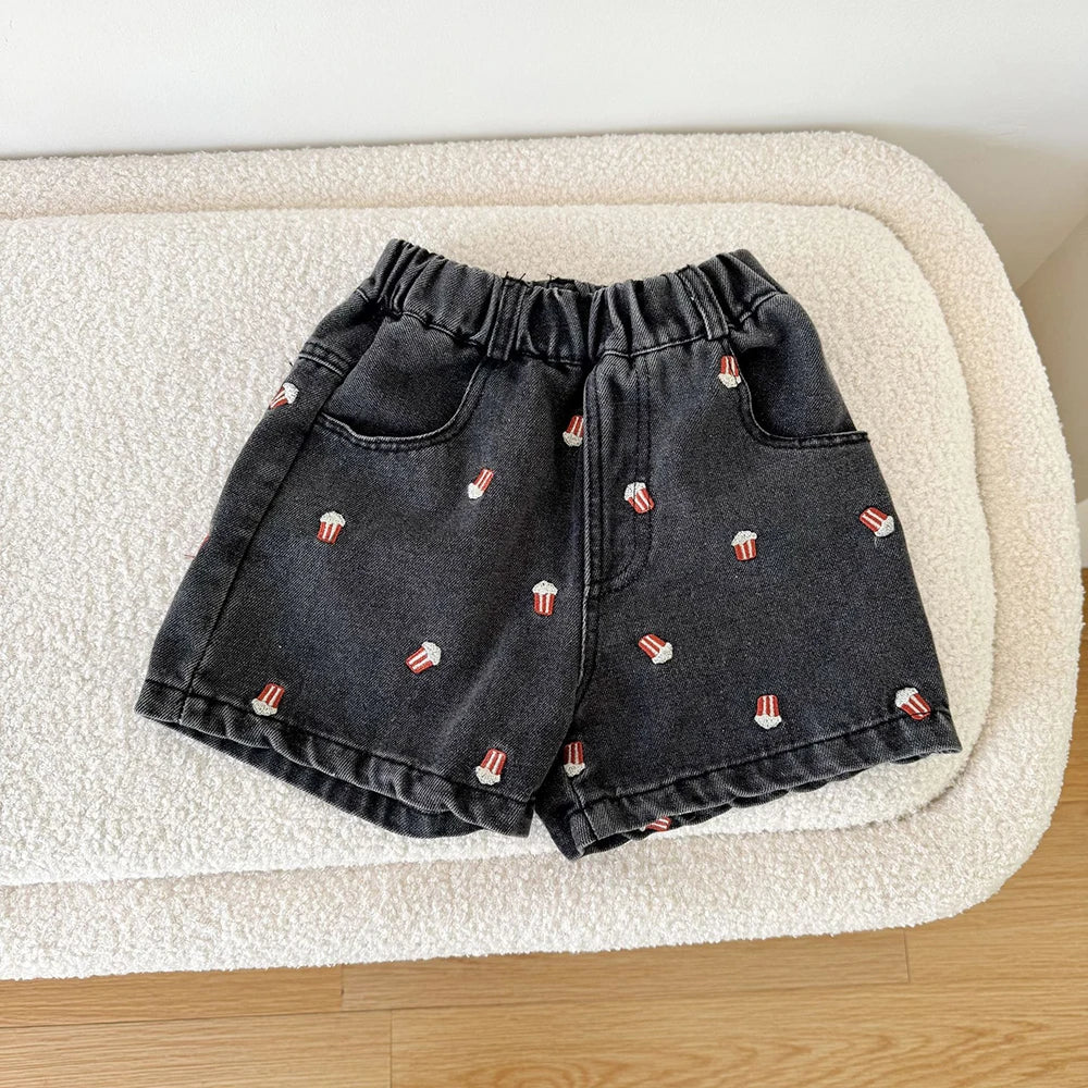 Kids Denim Shorts for 80-150cm Boys  or  Girls. Popcorn Embroidery  with Elastic Waist, Casual Knee Length Teen Children Pants