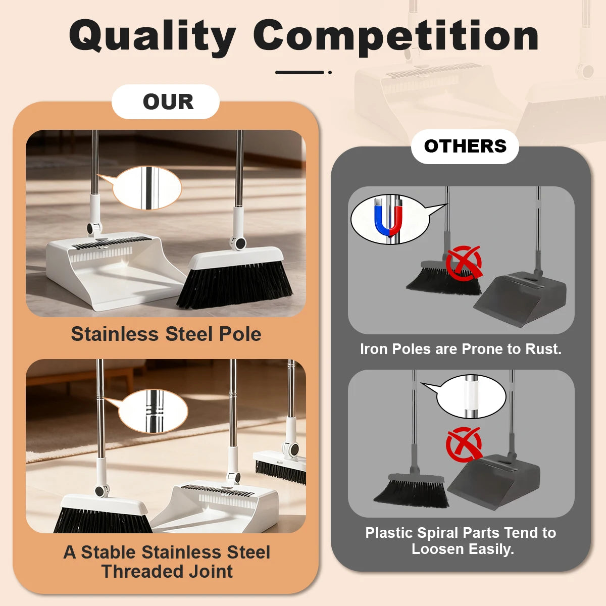 3in 1 Broom and Dustpan Set Floor.  Long-handled Broom And Dustpan For Home Office School Dorm