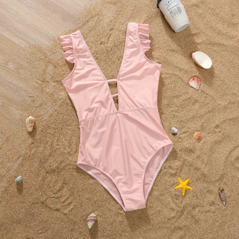 Mom /Daughter Matching Outfits, Solid Color,  One-Piece Swimwear,  Ruffles on Bathing