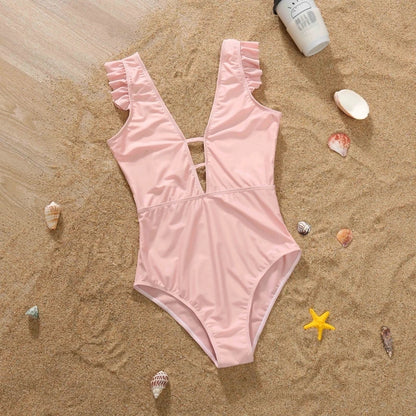Mom /Daughter Matching Outfits, Solid Color,  One-Piece Swimwear,  Ruffles on Bathing