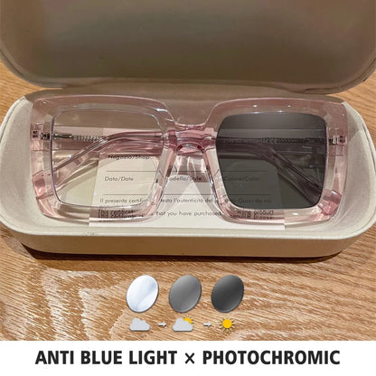 Square, Photochromic,  Blue-Light Blocking, Large Frame Eyeglasses, Reading Glasses Ladies Prescription Myopia Glasses