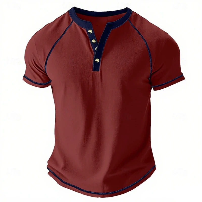 Retro Men's Button-Down T-Shirt  (HENLEY-STYLE), Minimalist Print T-Shirt,  Loose-Fit,  Casual Summer Shirt,  Stylish Streetwear Men.