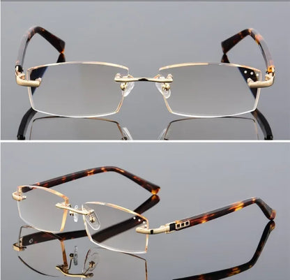 Luxury Designer Reading Glasses.  Rimless Diamond Cutting Frame for  Men  and Women.  Presbyopia, Anti-blue Light, RECTANGULAR Shaped Reading Glasses.  Great Choices on these.