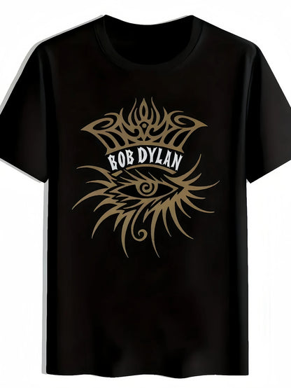 Men's Vintage Rock Band Graphic T-Shirt - Bob Dylan Inspired Design, Black Short Sleeve Crew Neck, Perfect for Summer, Travel