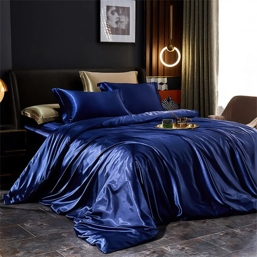 Solid Silk Bedding Set with Duvet Cover, Bed Sheet, 2 Pillowcases Luxury Satin Single Double Bedsheet King Queen Twin Size