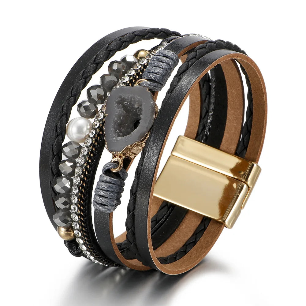 Women's Gravel Leather Bracelet , with Crystal Beading and Natural Freshwater Pearl.  Bracelet for Women.  Thoughtful Gift.  ONLY PINK LEFT!!!