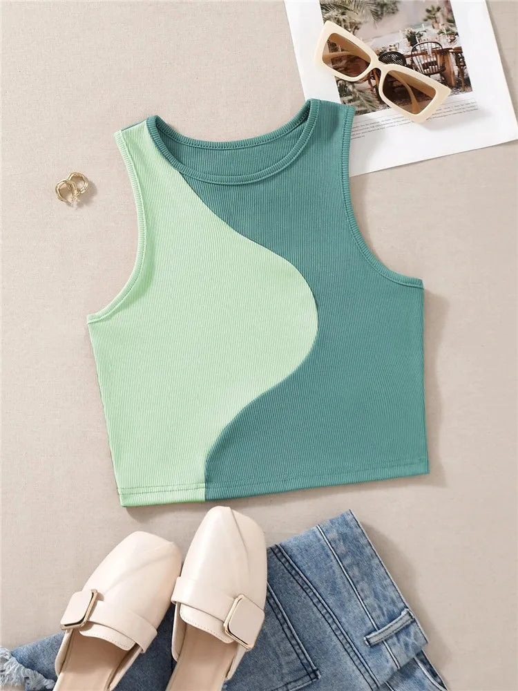 Women's Ribbed Knit Tan Tank Top O-neck Sleeveless Cute Baby Tee, Summer Patchwork Color Block Crop Top T Shirt.  Tan color ONLY available S, M, L.  Pink is OUT-OF-STOCK.