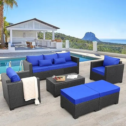 6 Pieces Patio Wicker Furniture Set,  Outdoor PE Rattan Conversation Couch,  Sectiona, l Chair /Sofa Set with Royal Blue