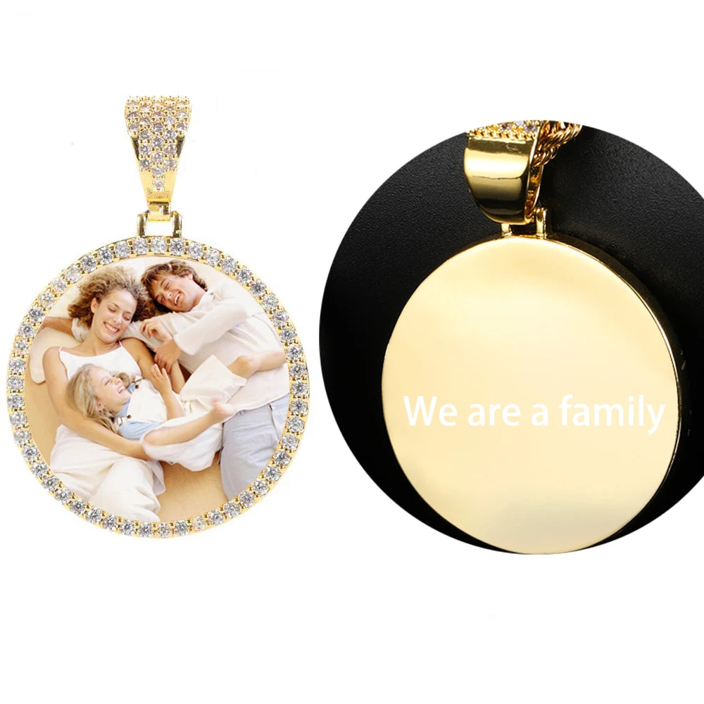 Hip Hop Jewelry Bling CZ Memorial Picture Frames Necklace Personalization Photo Custom 26/35/45/68.5MM Circle Medallions Pendant