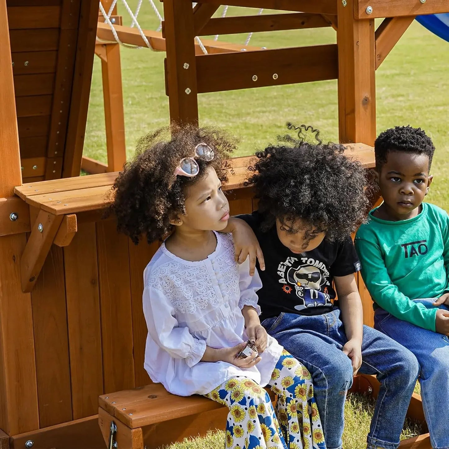 Swing Set for Backyard with Plank Bridge, Wooden Playground Set with 2 Wave Slides, Monkey bar