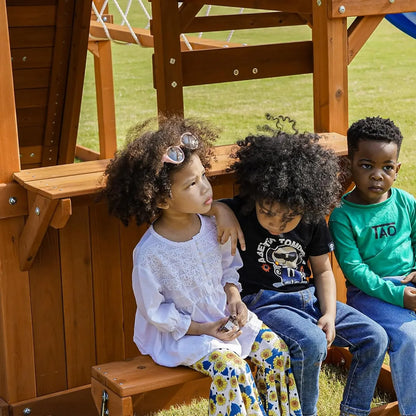 Swing Set for Backyard with Plank Bridge, Wooden Playground Set with 2 Wave Slides, Monkey bar